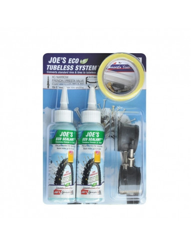 Tubeless Ready Kit JOE´S Eco Sealant, racerventil, 15-17mm fälgar